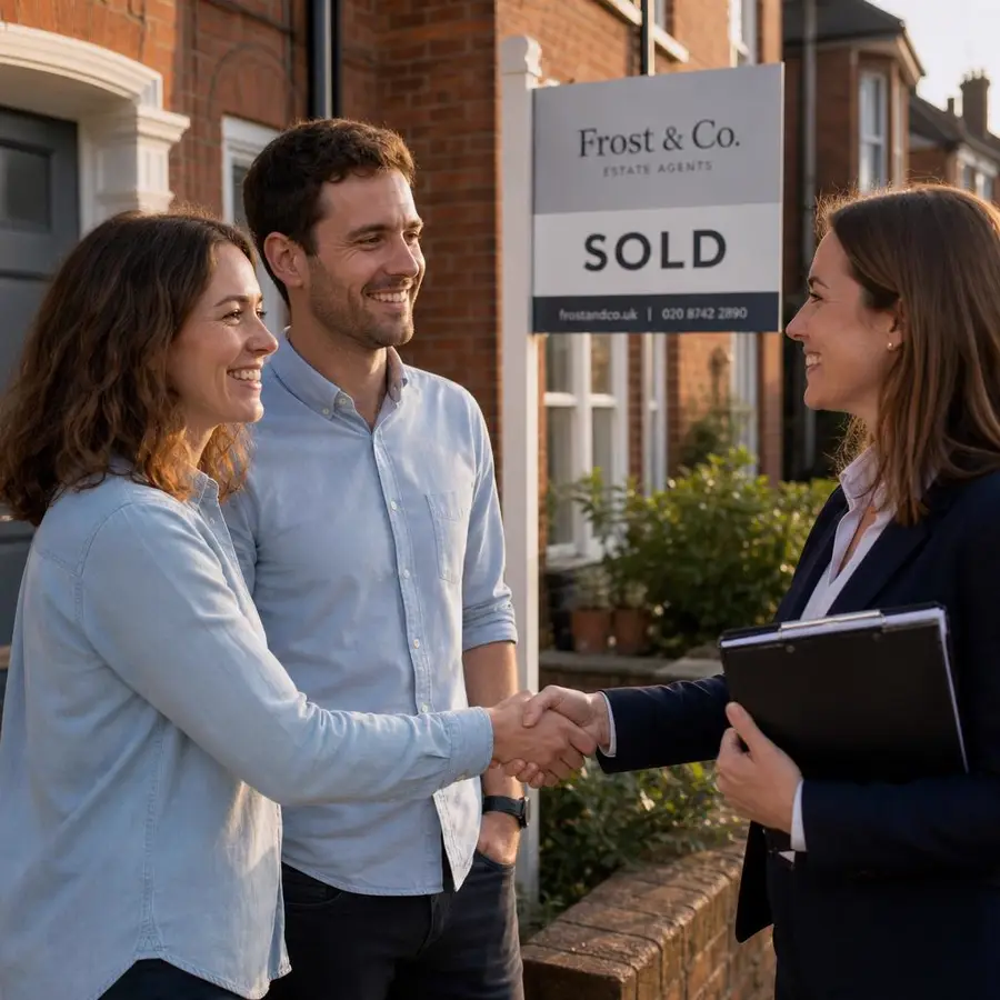 Same couple shaking hands with their estate agent in front of a SOLD board outside their home