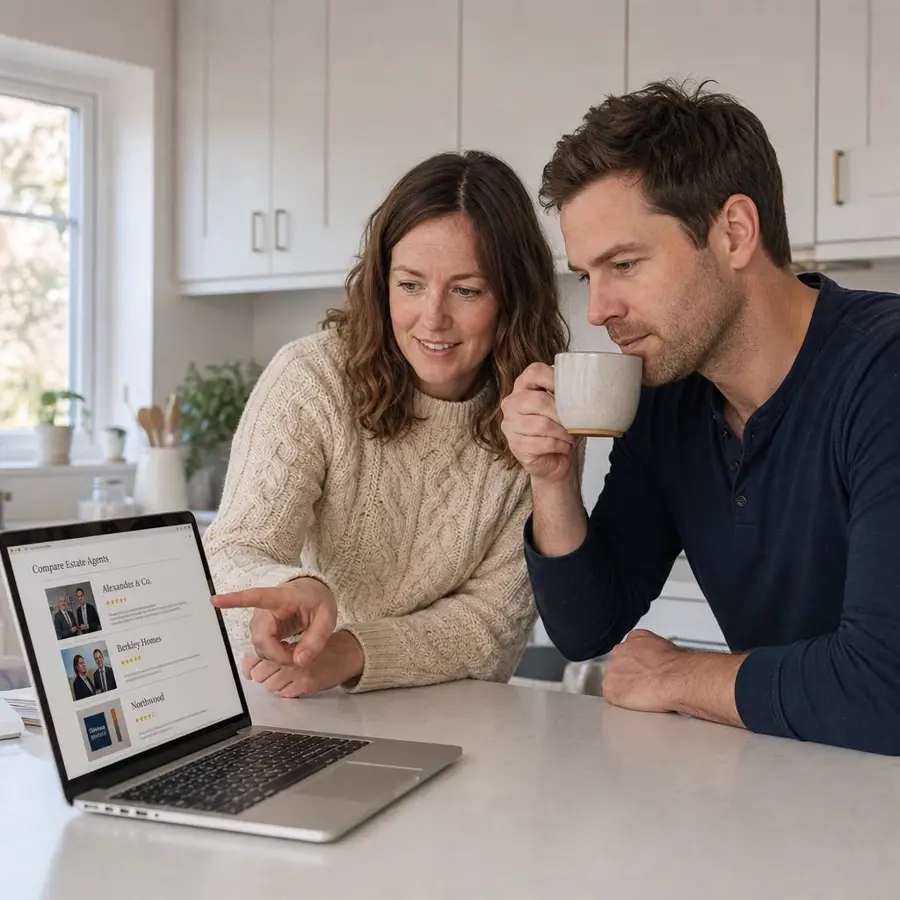 Same couple reviewing their shortlist of matched local estate agents in the kitchen