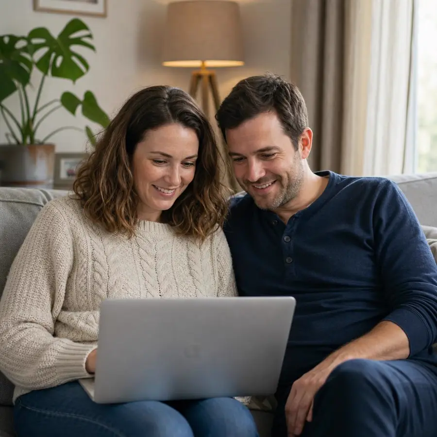 British couple filling out the FindYourAgent form on a laptop at home